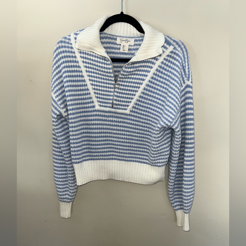 Jessica Simpson Blue And White Stripe Quarter Zip Sweater Pullover Size Large